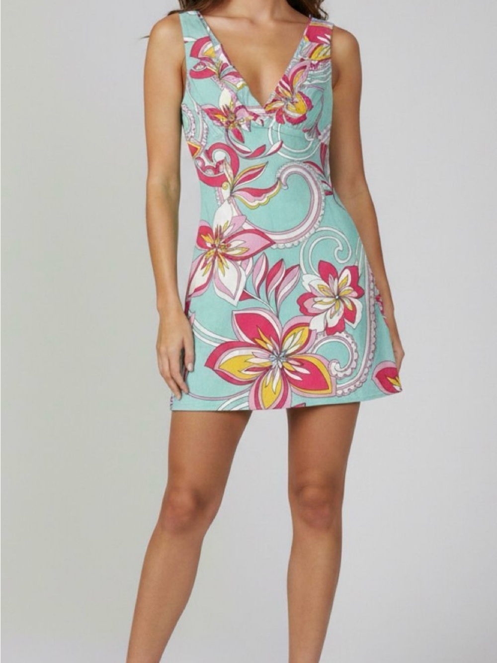 Women’s Sky to Moon Floral V-Neck Mini Dress in Teal and Pink